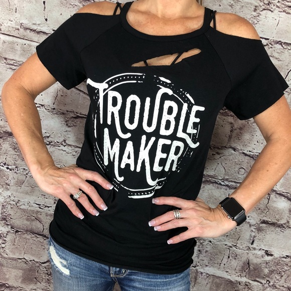 Tops - New Black Distressed Cold Shoulder Graphic T Shirt